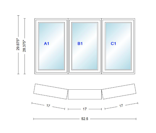 Andersen 400 Series 3 Wide Casement Bow Window 52 1/2" Wide Fixed Casement With Casement Flankers 10 Degree Angle Of Deflection Vinyl Exterior Wood Interior Low-E4 Dual Pane Argon Gas