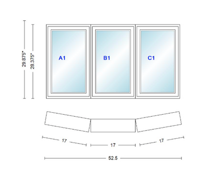Andersen 400 Series 3 Wide Casement Bow Window 52 1/2" Wide Fixed Casement With Casement Flankers 10 Degree Angle Of Deflection Vinyl Exterior Wood Interior Low-E4 Dual Pane Argon Gas