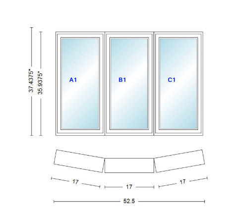 Andersen 400 Series 3 Wide Casement Bow Window 52 1/2" Wide Fixed Casement With Casement Flankers 10 Degree Angle Of Deflection Vinyl Exterior Wood Interior Low-E4 Dual Pane Argon Gas