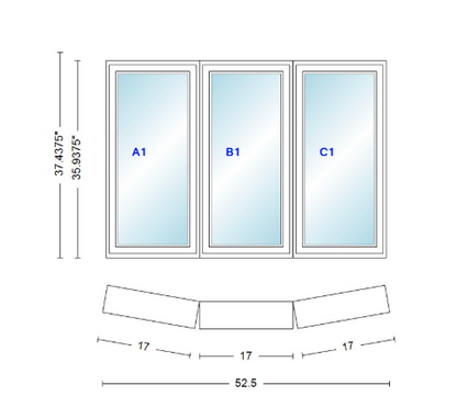 Andersen 400 Series 3 Wide Casement Bow Window 52 1/2" Wide Fixed Casement With Casement Flankers 10 Degree Angle Of Deflection Vinyl Exterior Wood Interior Low-E4 Dual Pane Argon Gas