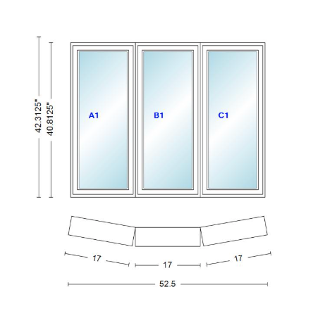 Andersen 400 Series 3 Wide Casement Bow Window 52 1/2" Wide Fixed Casement With Casement Flankers 10 Degree Angle Of Deflection Vinyl Exterior Wood Interior Low-E4 Dual Pane Argon Gas