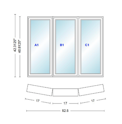 Andersen 400 Series 3 Wide Casement Bow Window 52 1/2" Wide Fixed Casement With Casement Flankers 10 Degree Angle Of Deflection Vinyl Exterior Wood Interior Low-E4 Dual Pane Argon Gas