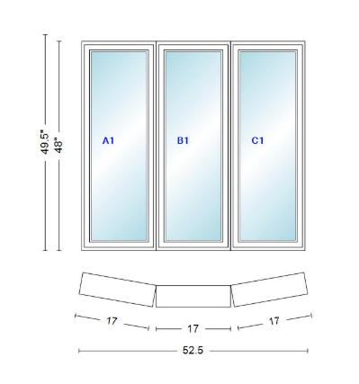Andersen 400 Series 3 Wide Casement Bow Window 52 1/2" Wide Fixed Casement With Casement Flankers 10 Degree Angle Of Deflection Vinyl Exterior Wood Interior Low-E4 Dual Pane Argon Gas