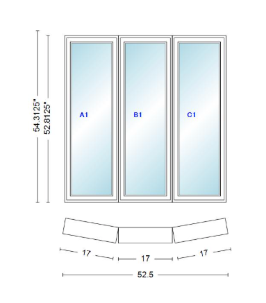 Andersen 400 Series 3 Wide Casement Bow Window 52 1/2" Wide Fixed Casement With Casement Flankers 10 Degree Angle Of Deflection Vinyl Exterior Wood Interior Low-E4 Dual Pane Argon Gas