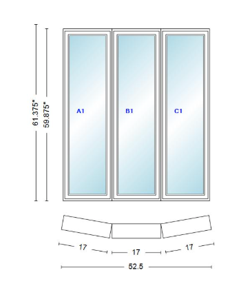 Andersen 400 Series 3 Wide Casement Bow Window 52 1/2" Wide Fixed Casement With Casement Flankers 10 Degree Angle Of Deflection Vinyl Exterior Wood Interior Low-E4 Dual Pane Argon Gas