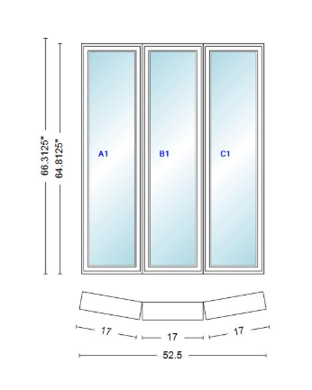 Andersen 400 Series 3 Wide Casement Bow Window 52 1/2" Wide Fixed Casement With Casement Flankers 10 Degree Angle Of Deflection Vinyl Exterior Wood Interior Low-E4 Dual Pane Argon Gas