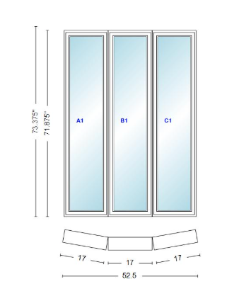 Andersen 400 Series 3 Wide Casement Bow Window 52 1/2" Wide Fixed Casement With Casement Flankers 10 Degree Angle Of Deflection Vinyl Exterior Wood Interior Low-E4 Dual Pane Argon Gas