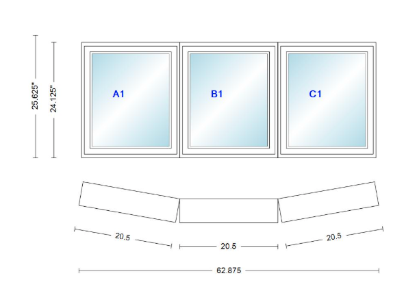 Andersen 400 Series 3 Wide Casement Bow Window 62 7/8" Wide Fixed Casement With Casement Flankers 10 Degree Angle Of Deflection Vinyl Exterior Wood Interior Low-E4 Dual Pane Argon Gas