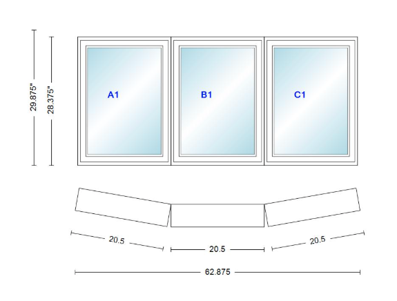 Andersen 400 Series 3 Wide Casement Bow Window 62 7/8" Wide Fixed Casement With Casement Flankers 10 Degree Angle Of Deflection Vinyl Exterior Wood Interior Low-E4 Dual Pane Argon Gas