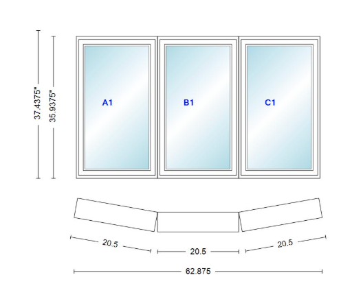Andersen 400 Series 3 Wide Casement Bow Window 62 7/8" Wide Fixed Casement With Casement Flankers 10 Degree Angle Of Deflection Vinyl Exterior Wood Interior Low-E4 Dual Pane Argon Gas
