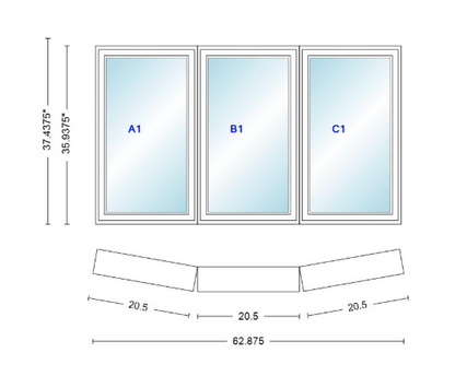Andersen 400 Series 3 Wide Casement Bow Window 62 7/8" Wide Fixed Casement With Casement Flankers 10 Degree Angle Of Deflection Vinyl Exterior Wood Interior Low-E4 Dual Pane Argon Gas