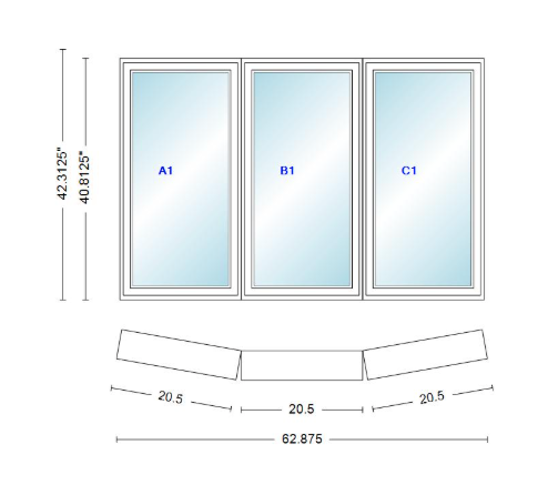 Andersen 400 Series 3 Wide Casement Bow Window 62 7/8" Wide Fixed Casement With Casement Flankers 10 Degree Angle Of Deflection Vinyl Exterior Wood Interior Low-E4 Dual Pane Argon Gas