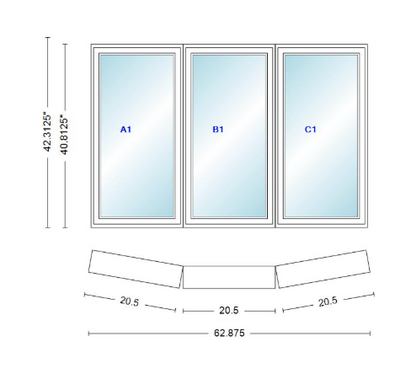 Andersen 400 Series 3 Wide Casement Bow Window 62 7/8" Wide Fixed Casement With Casement Flankers 10 Degree Angle Of Deflection Vinyl Exterior Wood Interior Low-E4 Dual Pane Argon Gas