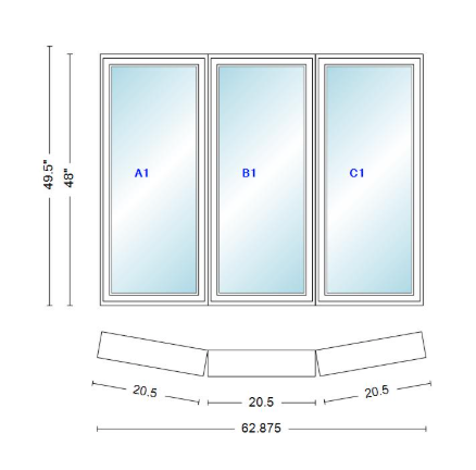 Andersen 400 Series 3 Wide Casement Bow Window 62 7/8" Wide Fixed Casement With Casement Flankers 10 Degree Angle Of Deflection Vinyl Exterior Wood Interior Low-E4 Dual Pane Argon Gas