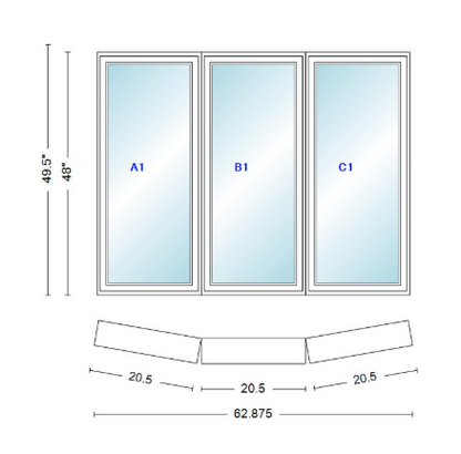 Andersen 400 Series 3 Wide Casement Bow Window 62 7/8" Wide Fixed Casement With Casement Flankers 10 Degree Angle Of Deflection Vinyl Exterior Wood Interior Low-E4 Dual Pane Argon Gas