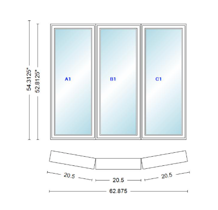 Andersen 400 Series 3 Wide Casement Bow Window 62 7/8" Wide Fixed Casement With Casement Flankers 10 Degree Angle Of Deflection Vinyl Exterior Wood Interior Low-E4 Dual Pane Argon Gas