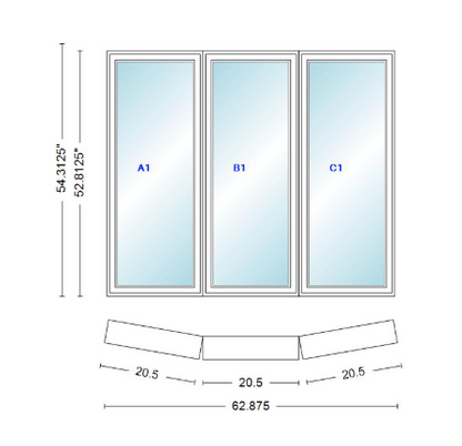 Andersen 400 Series 3 Wide Casement Bow Window 62 7/8" Wide Fixed Casement With Casement Flankers 10 Degree Angle Of Deflection Vinyl Exterior Wood Interior Low-E4 Dual Pane Argon Gas