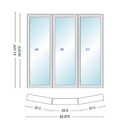 Andersen 400 Series 3 Wide Casement Bow Window 62 7/8" Wide Fixed Casement With Casement Flankers 10 Degree Angle Of Deflection Vinyl Exterior Wood Interior Low-E4 Dual Pane Argon Gas