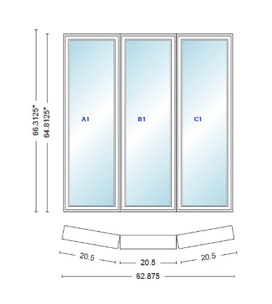 Andersen 400 Series 3 Wide Casement Bow Window 62 7/8" Wide Fixed Casement With Casement Flankers 10 Degree Angle Of Deflection Vinyl Exterior Wood Interior Low-E4 Dual Pane Argon Gas