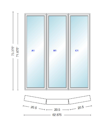 Andersen 400 Series 3 Wide Casement Bow Window 62 7/8" Wide Fixed Casement With Casement Flankers 10 Degree Angle Of Deflection Vinyl Exterior Wood Interior Low-E4 Dual Pane Argon Gas