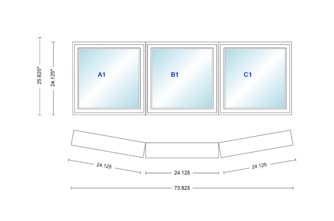 Andersen 400 Series 3 Wide Casement Bow Window 73 5/8" Wide Fixed Casement With Casement Flankers 10 Degree Angle Of Deflection Vinyl Exterior Wood Interior Low-E4 Dual Pane Argon Gas