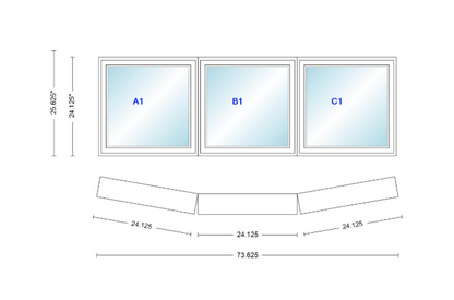 Andersen 400 Series 3 Wide Casement Bow Window 73 5/8" Wide Fixed Casement With Casement Flankers 10 Degree Angle Of Deflection Vinyl Exterior Wood Interior Low-E4 Dual Pane Argon Gas