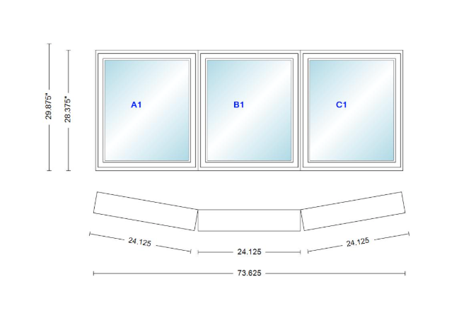 Andersen 400 Series 3 Wide Casement Bow Window 73 5/8" Wide Fixed Casement With Casement Flankers 10 Degree Angle Of Deflection Vinyl Exterior Wood Interior Low-E4 Dual Pane Argon Gas