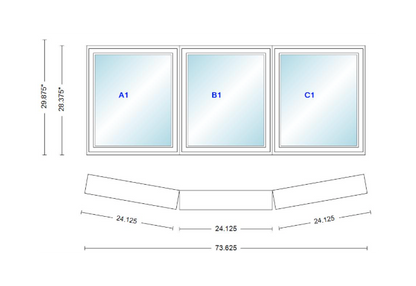 Andersen 400 Series 3 Wide Casement Bow Window 73 5/8" Wide Fixed Casement With Casement Flankers 10 Degree Angle Of Deflection Vinyl Exterior Wood Interior Low-E4 Dual Pane Argon Gas