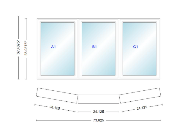 Andersen 400 Series 3 Wide Casement Bow Window 73 5/8" Wide Fixed Casement With Casement Flankers 10 Degree Angle Of Deflection Vinyl Exterior Wood Interior Low-E4 Dual Pane Argon Gas