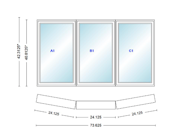 Andersen 400 Series 3 Wide Casement Bow Window 73 5/8" Wide Fixed Casement With Casement Flankers 10 Degree Angle Of Deflection Vinyl Exterior Wood Interior Low-E4 Dual Pane Argon Gas