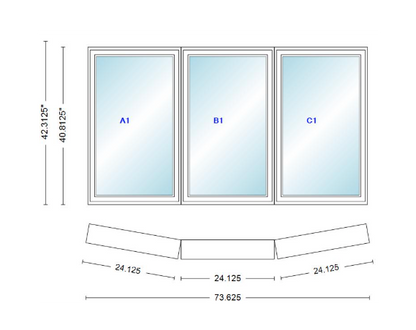 Andersen 400 Series 3 Wide Casement Bow Window 73 5/8" Wide Fixed Casement With Casement Flankers 10 Degree Angle Of Deflection Vinyl Exterior Wood Interior Low-E4 Dual Pane Argon Gas