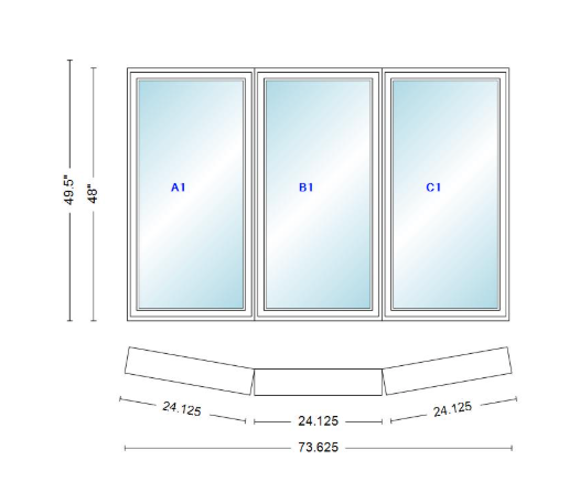 Andersen 400 Series 3 Wide Casement Bow Window 73 5/8" Wide Fixed Casement With Casement Flankers 10 Degree Angle Of Deflection Vinyl Exterior Wood Interior Low-E4 Dual Pane Argon Gas