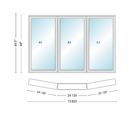 Andersen 400 Series 3 Wide Casement Bow Window 73 5/8" Wide Fixed Casement With Casement Flankers 10 Degree Angle Of Deflection Vinyl Exterior Wood Interior Low-E4 Dual Pane Argon Gas