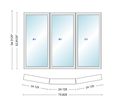 Andersen 400 Series 3 Wide Casement Bow Window 73 5/8" Wide Fixed Casement With Casement Flankers 10 Degree Angle Of Deflection Vinyl Exterior Wood Interior Low-E4 Dual Pane Argon Gas