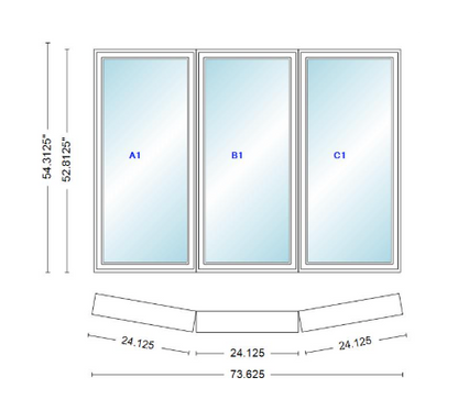Andersen 400 Series 3 Wide Casement Bow Window 73 5/8" Wide Fixed Casement With Casement Flankers 10 Degree Angle Of Deflection Vinyl Exterior Wood Interior Low-E4 Dual Pane Argon Gas