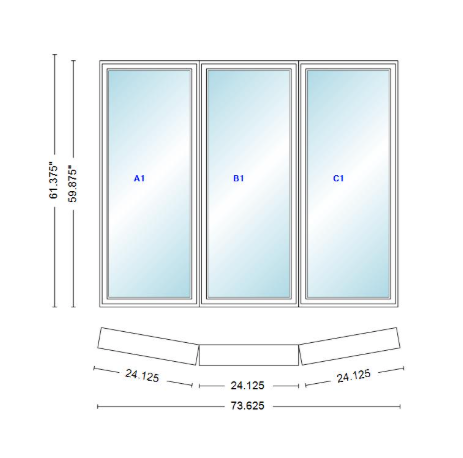 Andersen 400 Series 3 Wide Casement Bow Window 73 5/8" Wide Fixed Casement With Casement Flankers 10 Degree Angle Of Deflection Vinyl Exterior Wood Interior Low-E4 Dual Pane Argon Gas