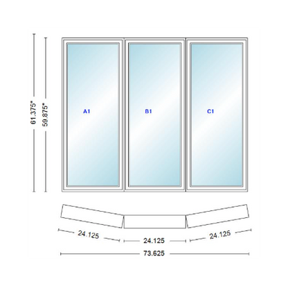 Andersen 400 Series 3 Wide Casement Bow Window 73 5/8" Wide Fixed Casement With Casement Flankers 10 Degree Angle Of Deflection Vinyl Exterior Wood Interior Low-E4 Dual Pane Argon Gas