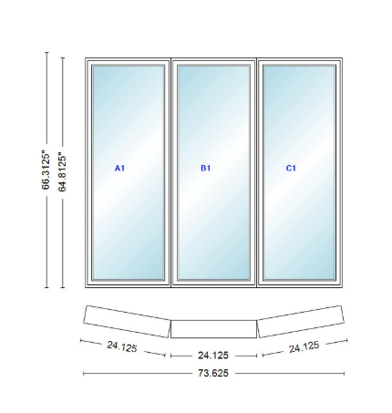 Andersen 400 Series 3 Wide Casement Bow Window 73 5/8" Wide Fixed Casement With Casement Flankers 10 Degree Angle Of Deflection Vinyl Exterior Wood Interior Low-E4 Dual Pane Argon Gas