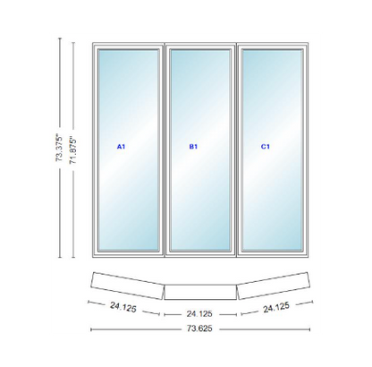 Andersen 400 Series 3 Wide Casement Bow Window 73 5/8" Wide Fixed Casement With Casement Flankers 10 Degree Angle Of Deflection Vinyl Exterior Wood Interior Low-E4 Dual Pane Argon Gas