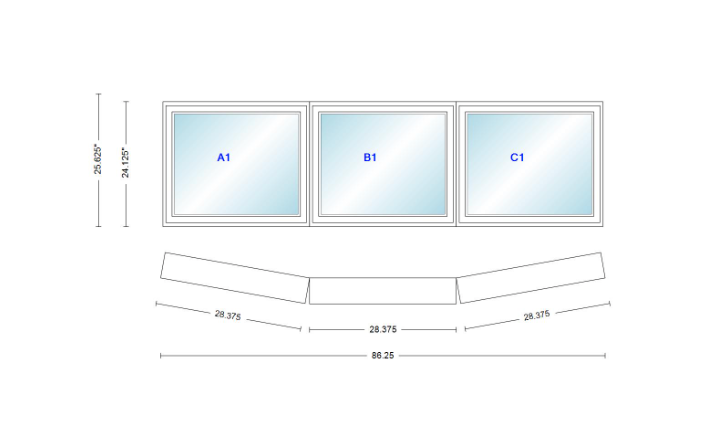 Andersen 400 Series 3 Wide Casement Bow Window 86 1/4" Wide Fixed Casement With Casement Flankers 10 Degree Angle Of Deflection Vinyl Exterior Wood Interior Low-E4 Dual Pane Argon Gas