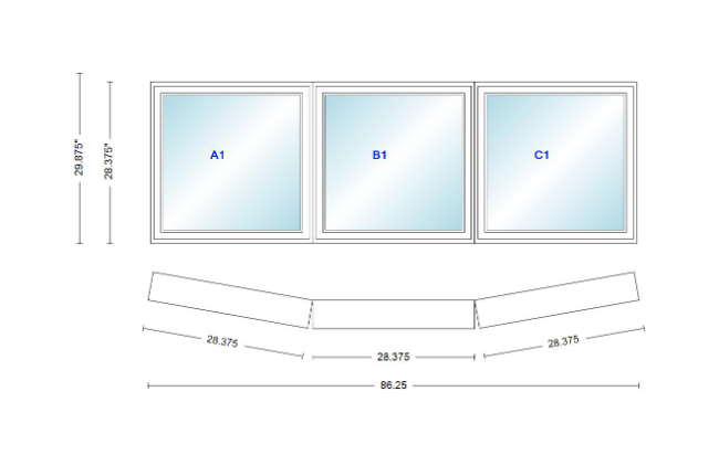 Andersen 400 Series 3 Wide Casement Bow Window 86 1/4" Wide Fixed Casement With Casement Flankers 10 Degree Angle Of Deflection Vinyl Exterior Wood Interior Low-E4 Dual Pane Argon Gas
