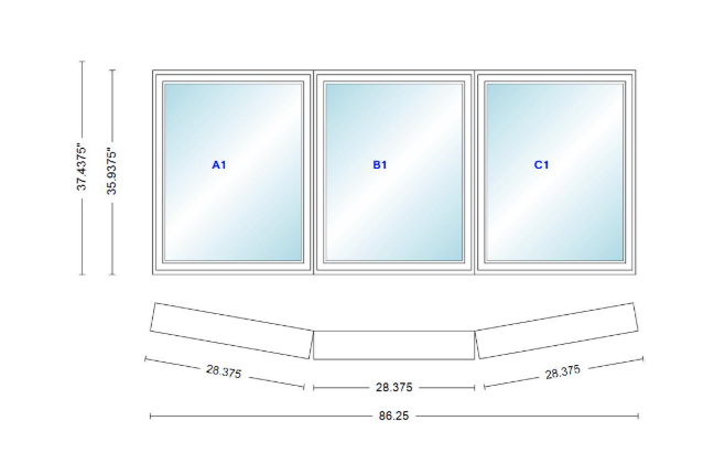 Andersen 400 Series 3 Wide Casement Bow Window 86 1/4" Wide Fixed Casement With Casement Flankers 10 Degree Angle Of Deflection Vinyl Exterior Wood Interior Low-E4 Dual Pane Argon Gas