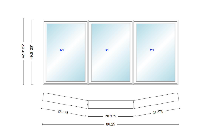 Andersen 400 Series 3 Wide Casement Bow Window 86 1/4" Wide Fixed Casement With Casement Flankers 10 Degree Angle Of Deflection Vinyl Exterior Wood Interior Low-E4 Dual Pane Argon Gas