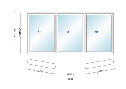 Andersen 400 Series 3 Wide Casement Bow Window 86 1/4" Wide Fixed Casement With Casement Flankers 10 Degree Angle Of Deflection Vinyl Exterior Wood Interior Low-E4 Dual Pane Argon Gas