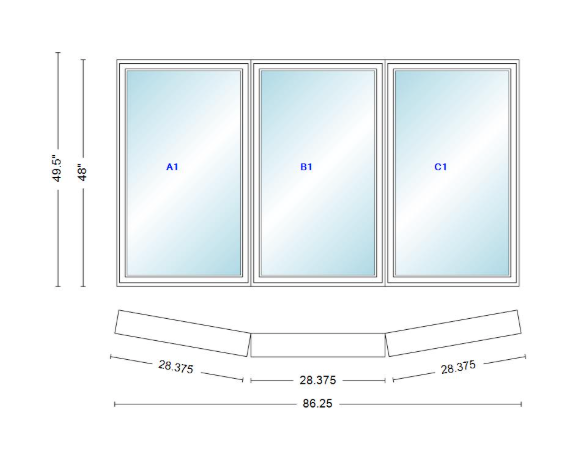 Andersen 400 Series 3 Wide Casement Bow Window 86 1/4" Wide Fixed Casement With Casement Flankers 10 Degree Angle Of Deflection Vinyl Exterior Wood Interior Low-E4 Dual Pane Argon Gas