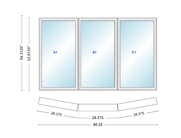 Andersen 400 Series 3 Wide Casement Bow Window 86 1/4" Wide Fixed Casement With Casement Flankers 10 Degree Angle Of Deflection Vinyl Exterior Wood Interior Low-E4 Dual Pane Argon Gas