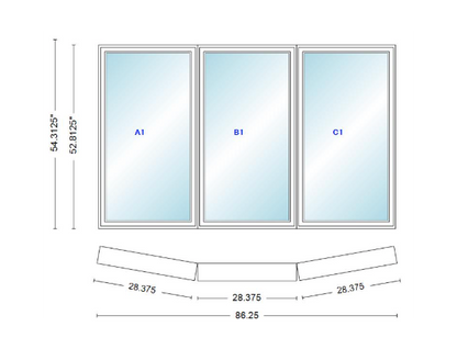 Andersen 400 Series 3 Wide Casement Bow Window 86 1/4" Wide Fixed Casement With Casement Flankers 10 Degree Angle Of Deflection Vinyl Exterior Wood Interior Low-E4 Dual Pane Argon Gas