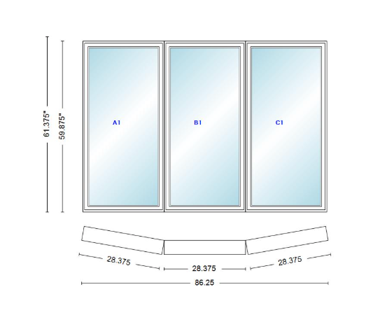 Andersen 400 Series 3 Wide Casement Bow Window 86 1/4" Wide Fixed Casement With Casement Flankers 10 Degree Angle Of Deflection Vinyl Exterior Wood Interior Low-E4 Dual Pane Argon Gas
