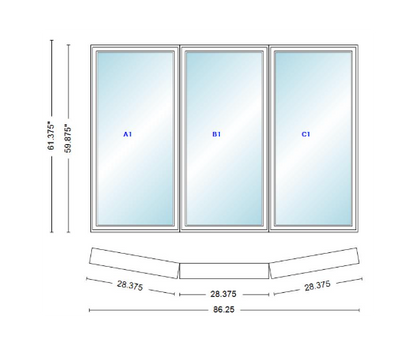 Andersen 400 Series 3 Wide Casement Bow Window 86 1/4" Wide Fixed Casement With Casement Flankers 10 Degree Angle Of Deflection Vinyl Exterior Wood Interior Low-E4 Dual Pane Argon Gas