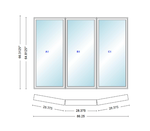 Andersen 400 Series 3 Wide Casement Bow Window 86 1/4" Wide Fixed Casement With Casement Flankers 10 Degree Angle Of Deflection Vinyl Exterior Wood Interior Low-E4 Dual Pane Argon Gas